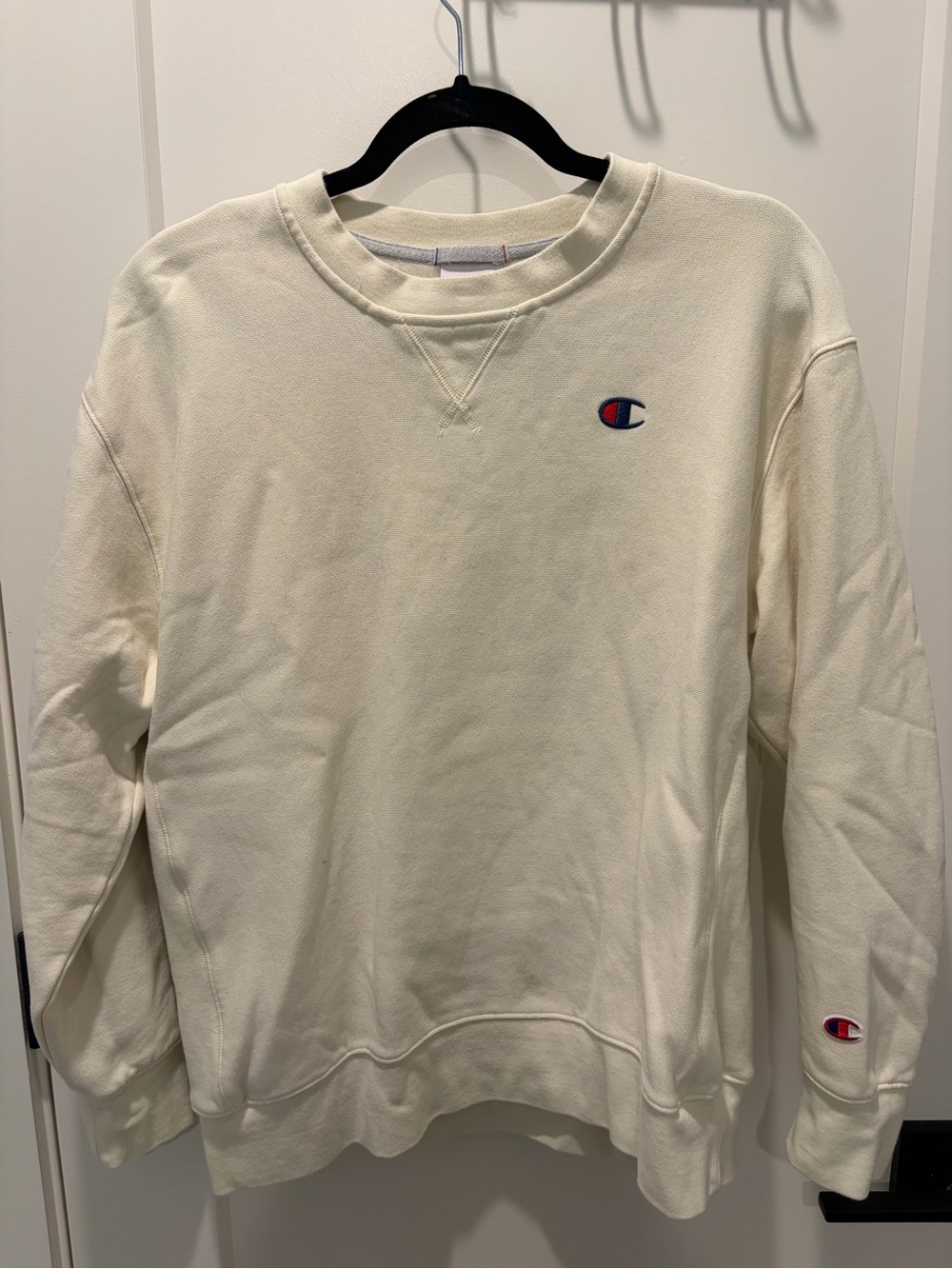 Champion Men’s Cream Crewneck Sweatshirt with Embroidered Logo